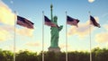 The American flags flutters in the wind on a sunrise against the blue sky and the Statue of Liberty. 3D Rendering Royalty Free Stock Photo