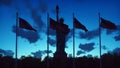 The American flags flutters in the wind on a sunrise against the blue sky and the Statue of Liberty. 3D Rendering Royalty Free Stock Photo