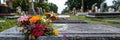 American flags on graves of veterans on memorial day in national cemetery with copy space for text Royalty Free Stock Photo