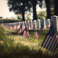 American flags on a gravestone at a military cemetery. Selective focus Royalty Free Stock Photo