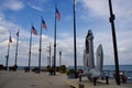 American Flags on the lakeside at Navy Pier. Chicago, IL, USA. September 16, 2016. Royalty Free Stock Photo