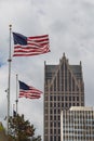 American flags and skyscrapers, Detroit, USA Royalty Free Stock Photo