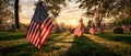 The American flags standing in a serene cemetery during a beautiful sunset. AI generated image Royalty Free Stock Photo