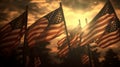 American flags at sunset on cemetery set up. Happy Veterans Day, Memorial Day, Independence Day Royalty Free Stock Photo