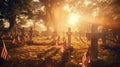 American flags at sunset on cemetery set up. Happy Veterans Day, Memorial Day, Independence Day Royalty Free Stock Photo