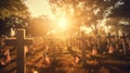 American flags at sunset on cemetery set up. Happy Veterans Day, Memorial Day, Independence Day Royalty Free Stock Photo