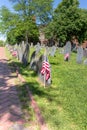 American flags and tombstones in an old veterans\' cemetery Royalty Free Stock Photo