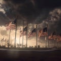 American flags waving in the wind on a background of stormy sky