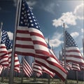 American flags waving in the wind on a sunny day. 3d rendering