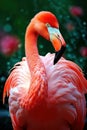 American flamingo (Phoenicopterus ruber) or Caribbean flamingo closeup on nature green background