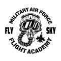 American flight academy vector emblem, badge, label, logo or t-shirt print with pilot helmet in monochrome vintage style