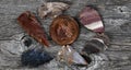 American stone arrowheads on rustic wood surface for a vintage concept