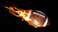 American football ball with bright flame flying on black.