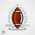American football ball in center of silver wreath on light background. Sport logo