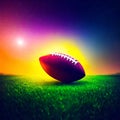 American football ball on grass field at sunset. Blurred background. AI generated Royalty Free Stock Photo