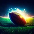 American football ball on grass field at sunset. 3D rendering. generative AI Royalty Free Stock Photo