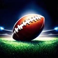 American football ball on green field with lights in the background. 3D illustration. Generative AI Royalty Free Stock Photo