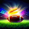 american football ball on green field with lights effect 3d rendering generative AI Royalty Free Stock Photo