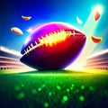 American football ball on a green field with rays of light. 3d rendering Generative AI Royalty Free Stock Photo