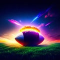 American football ball on green field with sunset background. 3d rendering Generative AI Royalty Free Stock Photo