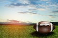 American football ball on green grass field on background of blue sky. Banner. Royalty Free Stock Photo