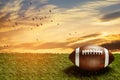 American football ball on green grass field on background of sunset sky. Banner. Royalty Free Stock Photo