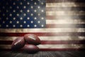 American football ball and USA flag. Sport game. Super bowl. Football ball Close up macro photography with copy space Royalty Free Stock Photo