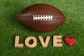 American football ball, word Love and heart on green grass Royalty Free Stock Photo