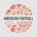 American football banner with line icons of ball, field, player, whistle, helmet