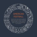 American football banner with line icons of ball, field, player, whistle, helmet and other sport equipment. Vector