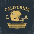 American Football, California Sport Typography. T-shirt graphics with grunge, helmet, ribbon. Print for sportswear, apparel.