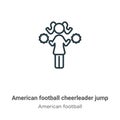 American football cheerleader jump outline vector icon. Thin line black american football cheerleader jump icon, flat vector