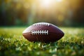 American football closeup, vibrant green field, ideal for customized text