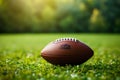 American football closeup, vibrant green field, ideal for customized text
