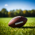 American football closeup, vibrant green field, ideal for customized text