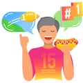 American football fan eating hotdog vector icon