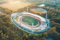 American football field, large stadium. Aerial view Royalty Free Stock Photo