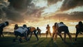 American Football Field Two Teams Compete: Players Pass and Run Attacking to Score Touchdown Points Royalty Free Stock Photo