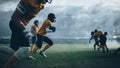 American Football Field Two Teams Play: Successful Player Running Around Defense Players to Score Royalty Free Stock Photo