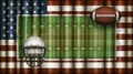 American Football Field, US Flag, Ball and Helmet Composite Ã¢â¬â 3D Illustration Royalty Free Stock Photo