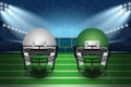 American football final match concept. Silver and green Helmets