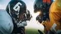 American Football Game Start Teams Ready: Close-up Portrait of Two Professional Players, Aggressive Royalty Free Stock Photo