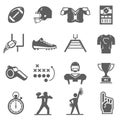 American football, gridiron bold black silhouette icons set isolated on white. Sport equipment, ball.