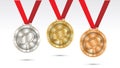 American football gridiron Champion Gold, Silver and Bronze Medal set with Red Ribbon Vector Illustration Royalty Free Stock Photo