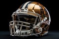 American football helmet on a black background. 3d rendering image, looking down on sports equipment, american football helmet, AI