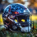American football helmet on the field Royalty Free Stock Photo