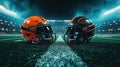 American football helmets at the artificial grass playing field Royalty Free Stock Photo