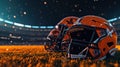 American football helmets at the artificial grass playing field Royalty Free Stock Photo