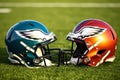 American football helmets at the artificial grass playing field Generative AI Royalty Free Stock Photo