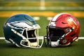 American football helmets at the artificial grass playing field Generative AI